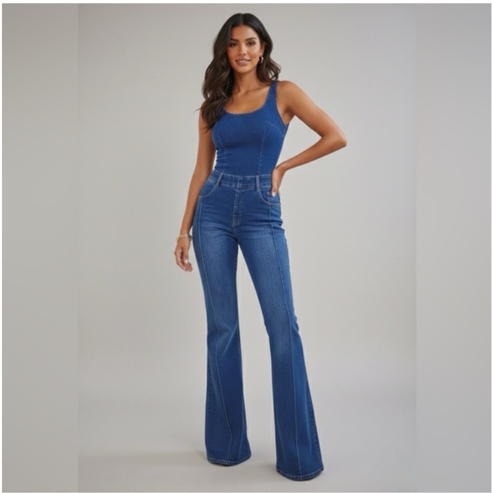 Denim Tank Jumpsuit in Mid Blue